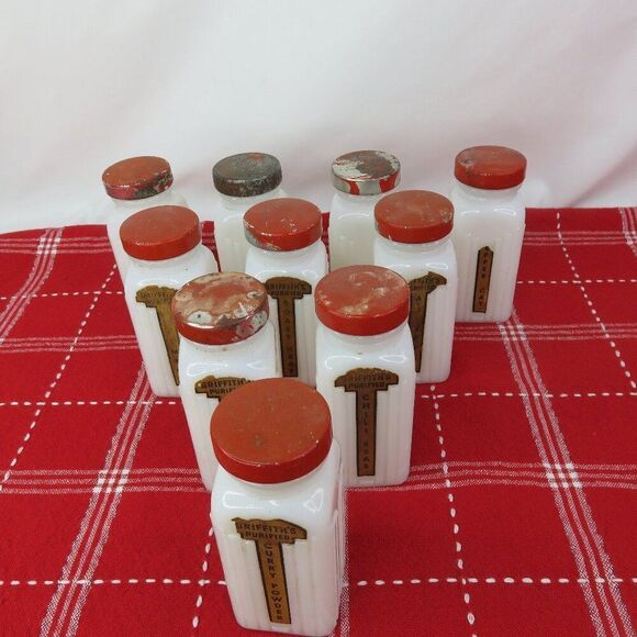 Griffiths Milk Glass Spice Jars Set of 10 Red Lids Some Labels - Picture 1 of 10